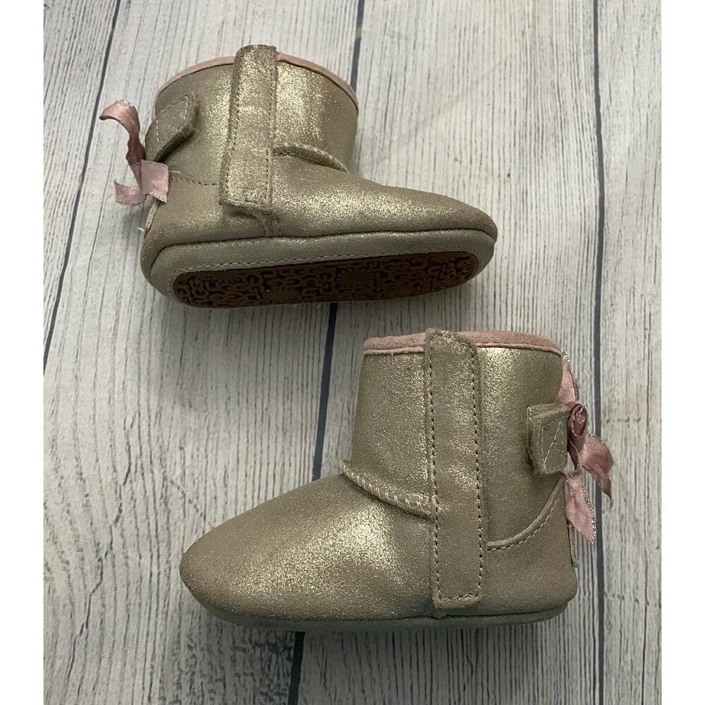Ugg Uggs Jess Bow II Baby Girl Leather Booties Slippers Crib Boots, Size 2-3